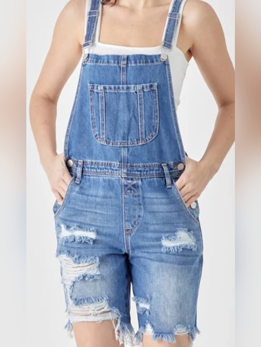 Ladies Blue Denim Distressed Overall Shorts